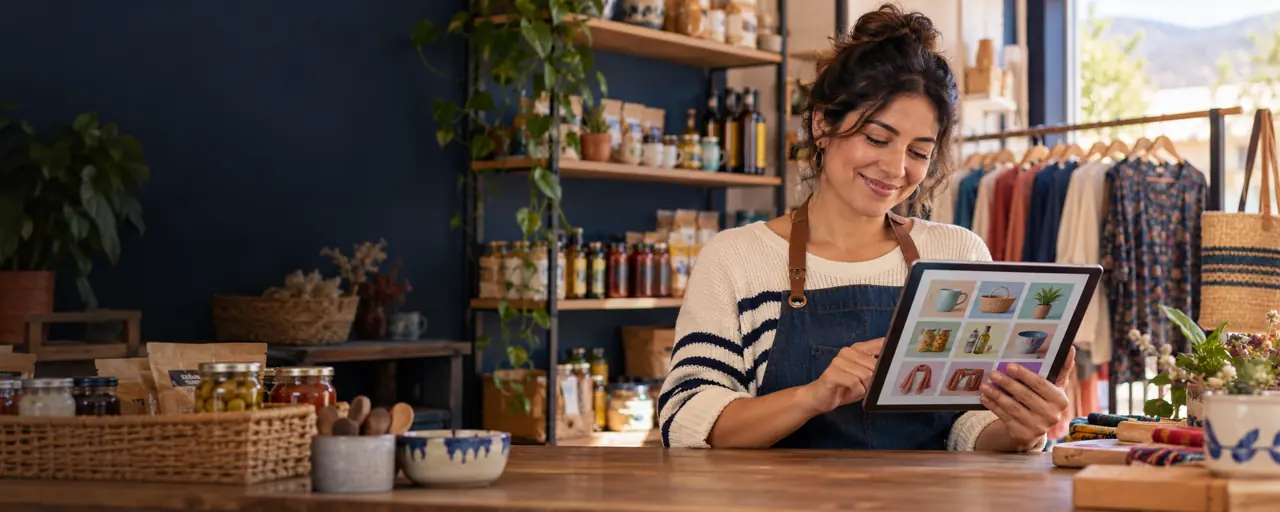 Comerciante revisa un catálogo de productos online en su tienda