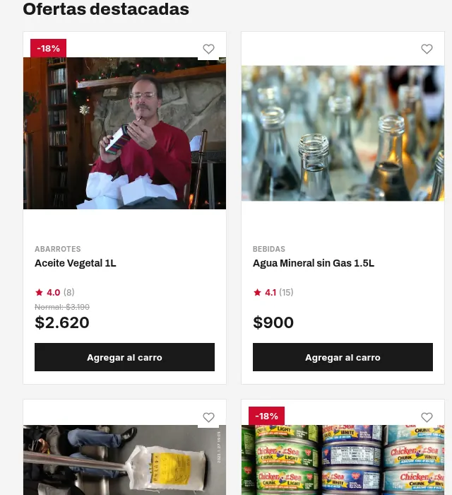 Tarjetas de productos y ofertas de un almacén