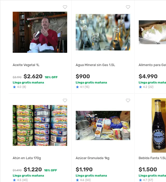 Cuadrícula de productos de almacén con nombres y precios