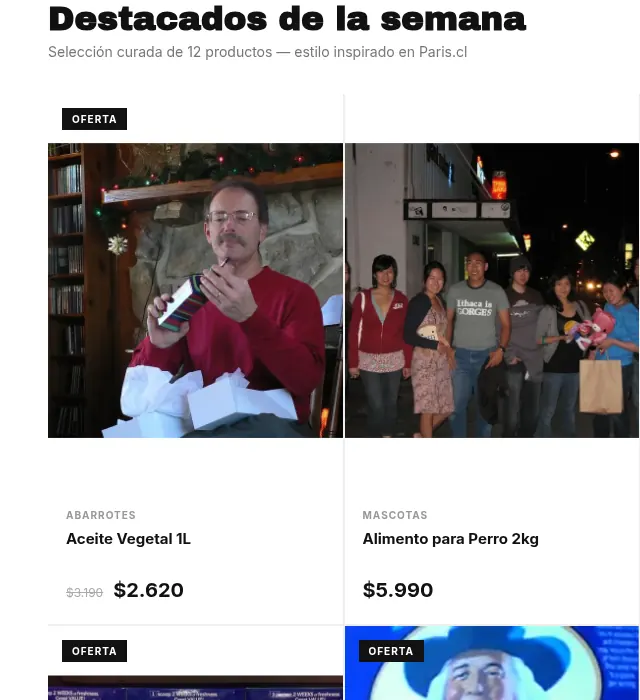 Productos destacados con fotos grandes y precios en una plantilla editorial