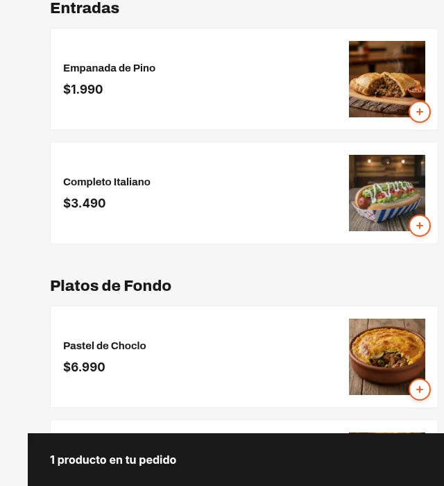 Carta de restaurante con platos, imágenes y precios