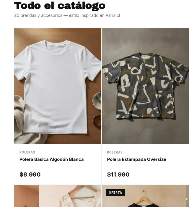 Productos de ropa con fotos, nombres y precios en una plantilla de boutique