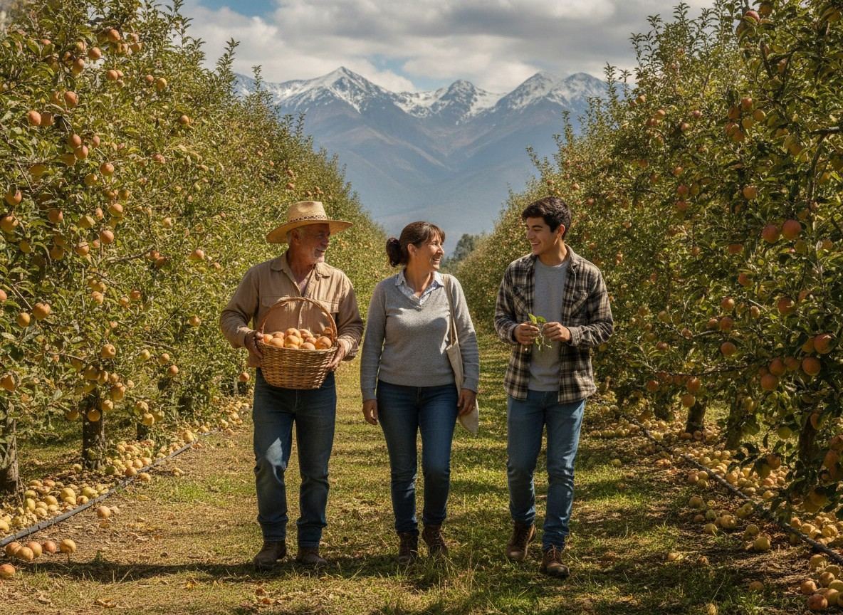 Familia agricultora chilena de tres generaciones en su predio