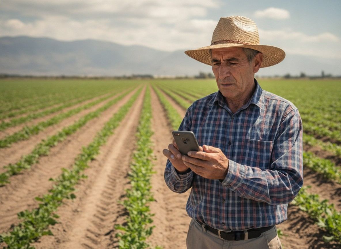 Agricultor chileno revisando alertas en su smartphone