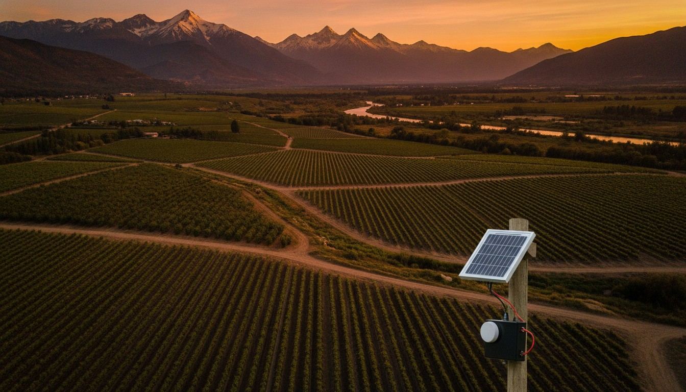 Vista aérea de valle agrícola chileno con sensor CampoSensor
