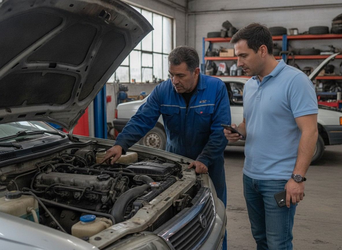 Mecánico explicando el diagnóstico al dueño del auto