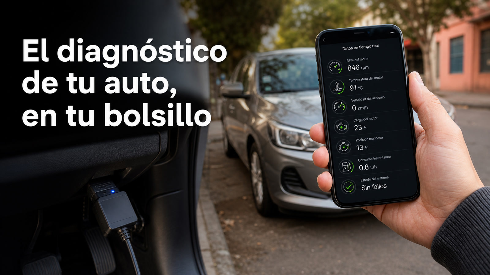 OBD Diagnóstico — interior de vehículo de noche con panel de diagnóstico