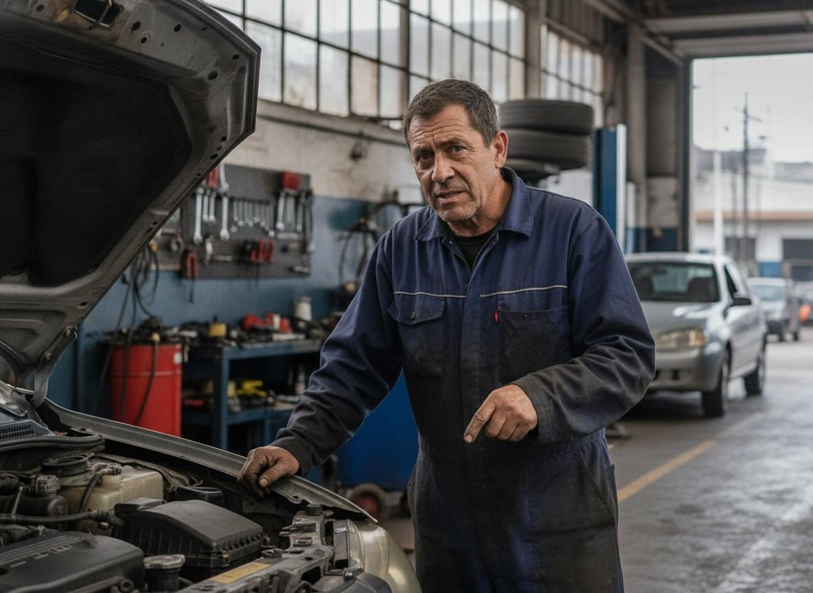 Mecánico revisando motor con el capó abierto